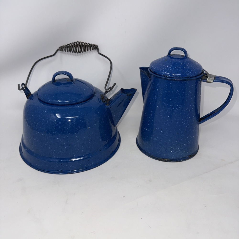 2 Pc Speckle Blue Enamelware Kettle tea coffee pot metal spring handle Camping